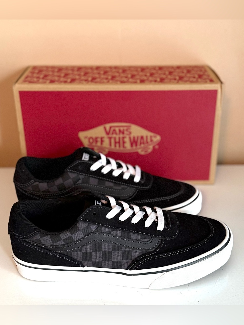VANS BROOKLYN LS MEN'S 9.5 CHECKERBOARD BLACK/ASPHAL OFF THE WALL SNEAKERS NWB